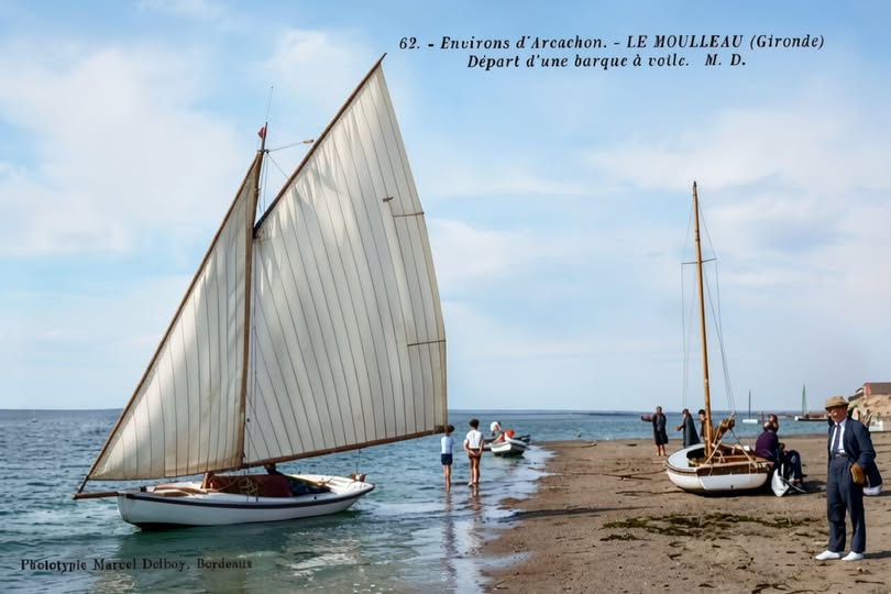 Archive historique : Vers 1930 départ d'une Barque à voile