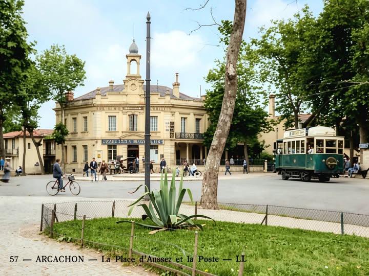 Archive historique : Superbe carte de Thierry Gajac vue de la place d’Aussez avec le bâtiment de la...
