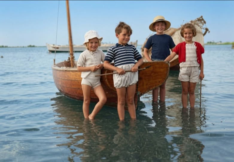 Archive historique : Photographie à Arcachon au cœur des années 50, petits pêcheurs d'un jour, grands...