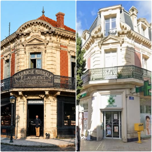 Archive historique : Vers 1910 Félix Laurent devant sa pharmacie. Le propriétaire pose fièrement en...