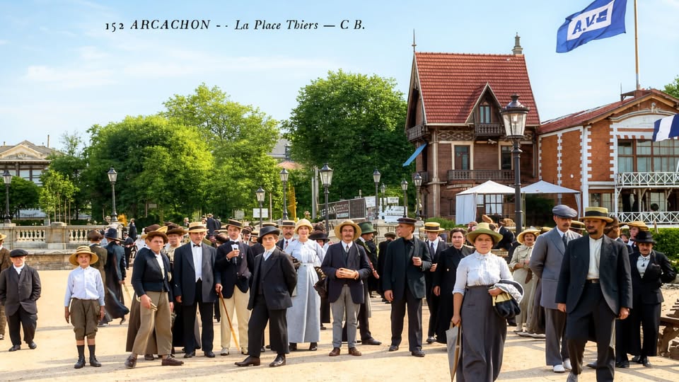 Archive historique : Une magnifique immersion dans la Belle Époque sur la Place Thiers à Arcachon où...